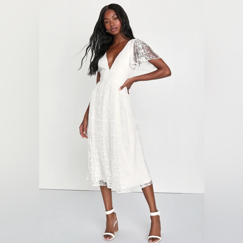 Lulus Elegant Approach White Embroidered Flutter Sleeve Midi Dress